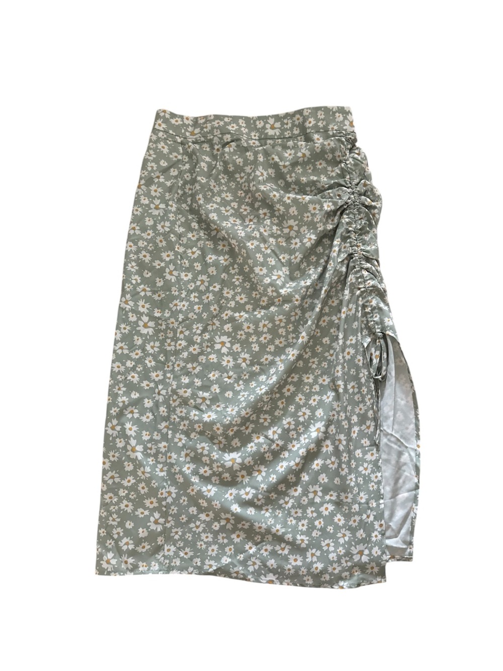 Floral Ruched Side Midi Skirt - Sage Green w/ White Flowers | SHEIN | Size 4 (S)